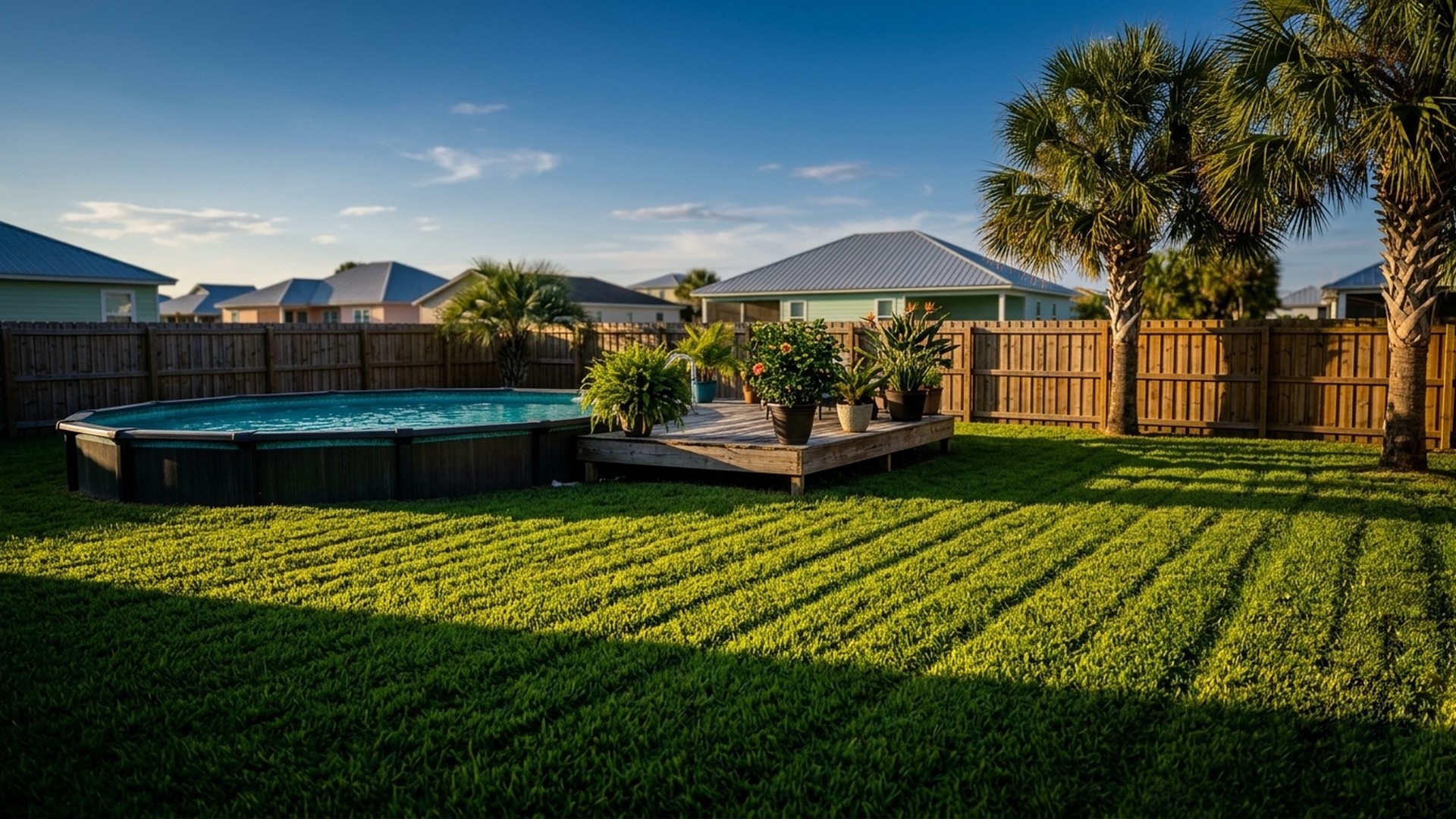 Perfectly manicured lawn with pool and palm trees Panama City Beach FL by Luke's Lawncare